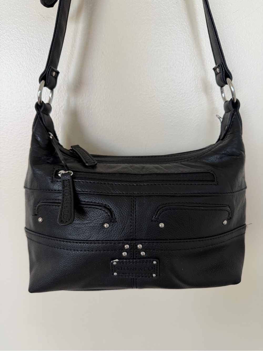 STONE & CO Black Leather Shoulder Bag with Multiple Zippers
